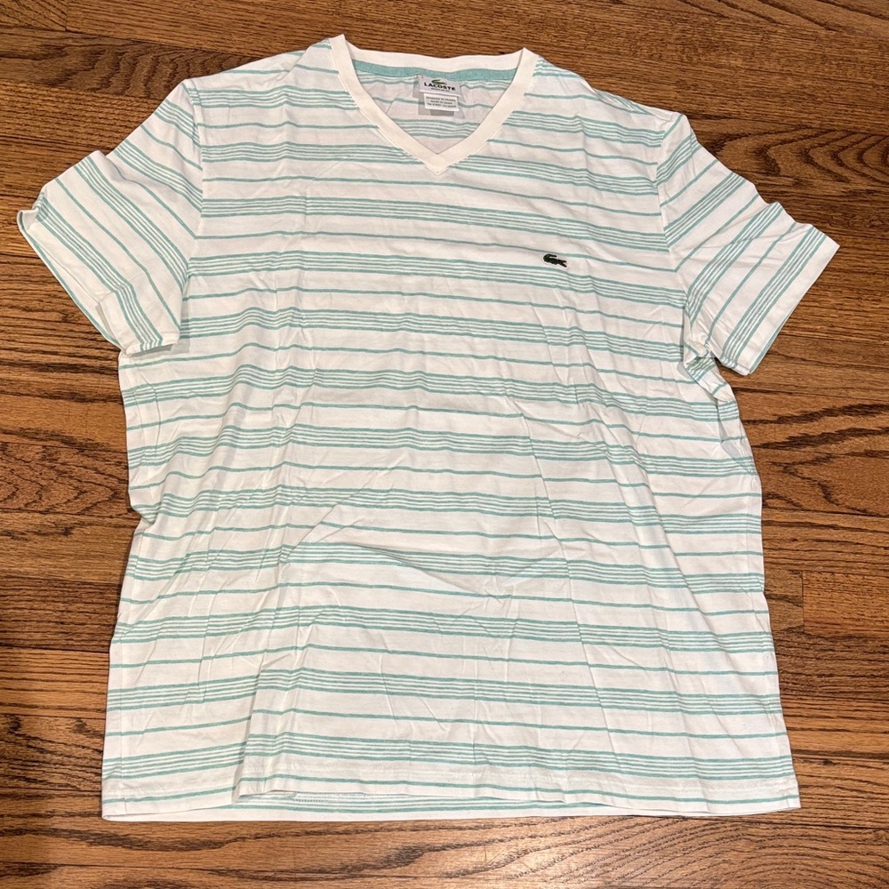 Lacoste Men's White V-Neck Tee with Mint Stripes XXL/7